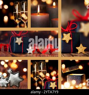 Collage Table decorations with festive background for Christmas and New Year Stock Photo