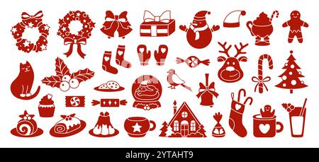 Merry Christmas and happy new year symbol element set. Xmas holly items cartoon illustrations sign graphic collection. Christmas tree, festive wreath, candy bell glove, gift winter holiday icon vector Stock Vector