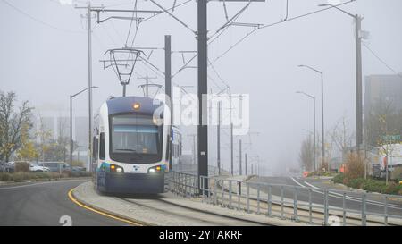 Bellevue, WA, USA - December 4, 2024; Sound Transit link light rail train in fog on divided street with lights on and overhead wires Stock Photo