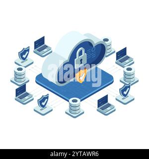 Isometric Cloud Security Concept with Data Protection Elements. Cloud Security Concept Stock Vector
