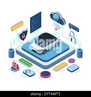 Isometric Car with Cybersecurity Features and Digital System. Automotive Cybersecurity Concept Stock Vector