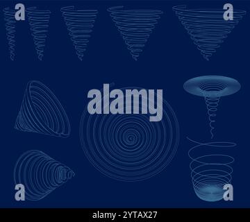 Collection of spirals. Linear decorative spirals contours. 3D Stock Vector