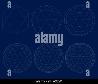 Grid spheres. 3D globes with abstract net or wireframe for chemical or biology, infographic, round particles structure concept. Vector set connect in Stock Vector