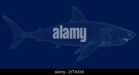 Wireframe Abstract shark form lines and triangles, point connecting network on blue background. Illustration vector. 3D. Side view Stock Vector