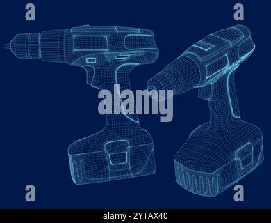 set screwdriver construction wireframe icon vector. screwdriver construction sign. isolated wireframe symbol blue illustration. Side, isometric view. Stock Vector