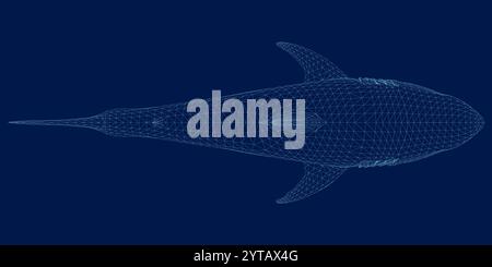 Wireframe Abstract shark form lines and triangles, point connecting network on blue background. Illustration vector. 3D. Top view Stock Vector