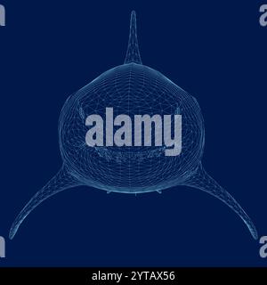 Wireframe Abstract shark form lines and triangles, point connecting network on blue background. Illustration vector. 3D. Front view Stock Vector