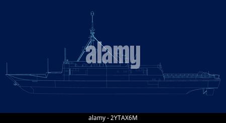 Outline of a small ship made of blue lines isolated on a dark background. Side view Stock Vector