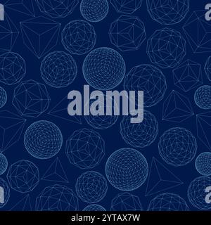 Seamless texture outline with geometric shapes made of blue lines isolated on dark background. Polygonal spheres, rectangles and pyramids. Stock Vector