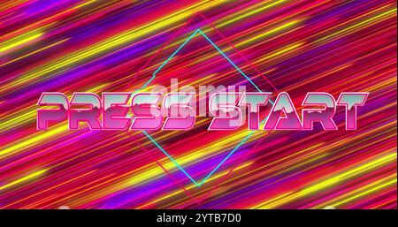 Image of press start text over neon pattern background Stock Photo