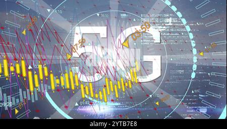 Image of 5g text, financial data processing over grid and dark background Stock Photo