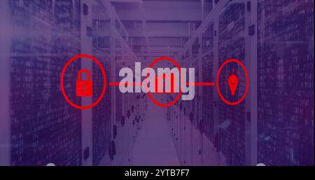 Cybersecurity icons image over data center servers Stock Photo