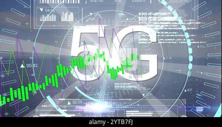 Image of 5g text, financial data processing over grid and dark background Stock Photo