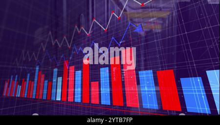 Bar and line graph image over industrial warehouse background Stock Photo