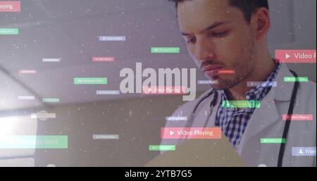 Medical professional working with data processing image overlaid with image Playing text Stock Photo