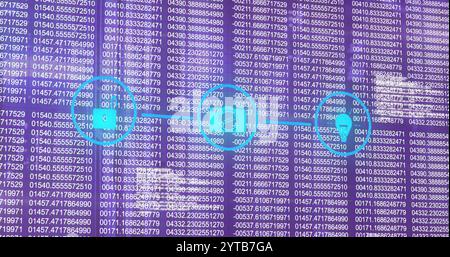 Digital data processing image over binary code and blue icons on purple background Stock Photo