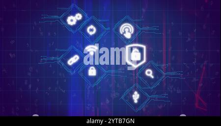 Cybersecurity icons image over digital network background Stock Photo