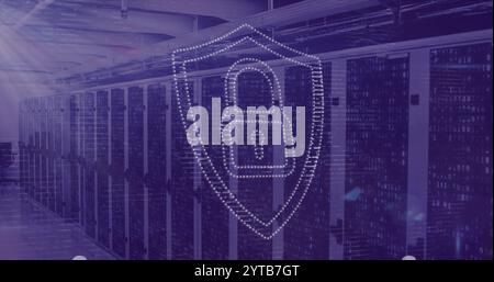 Digital security shield image over server racks in data center Stock Photo
