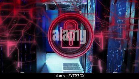 Image of padlock icon over server room Stock Photo