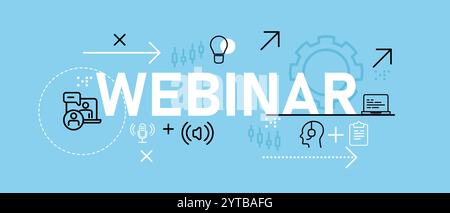 Webinar conceptual website seminar web online discussion information course teaching learning group teamwork design icon outline set collection blue Stock Vector