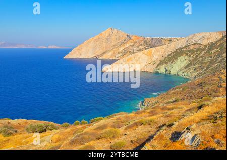 View of Vorina beach and coastline, Chora, Folegandros Island, Cyclades Islands, Greece Stock Photo