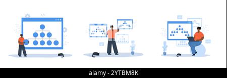 Sitemap Creation. Set of Vector illustrations. Website navigation for the user. African Female Developer creation Strategy. Workflow Process Stock Vector