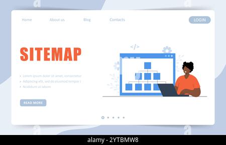 Sitemap creation. Landing page template. Website creation tool. African Female developer with laptop. Online software and web page structure. Vector Stock Vector