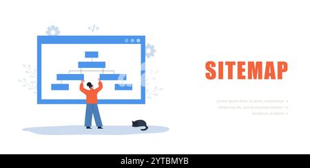 Sitemap Creation concept. Female Developer optimization site structure. Website navigation for the user. Vector illustration Stock Vector