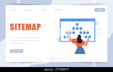 Sitemap Creation concept. Landing page template. Website SEO management. Female Developer organizes site structure. Vector illustration Stock Vector