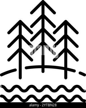 Landscape line icon. Fir forest and body of water outline vector sign. Nature linear style pictogram. Symbol, logo illustration. Editable stroke Stock Vector