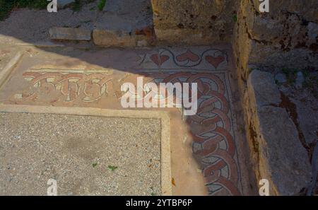 Floor mosaics in the early 6th century Byzantine Great Basilica in Butrint Archaeological Park, within Butrint National Park, southern Albania. UNESCO Stock Photo