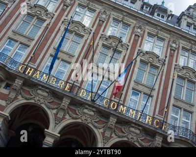 LILLE, FRANCE - JUNE 08, 2014: Front facade of the New Chamber of Commerce (Nouvelle Bourse) building with sign Stock Photo