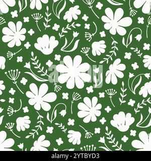 Pattern with simplified floral and leafy silhouettes in white on a green background Stock Vector