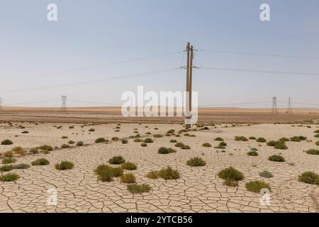 Barren terrain in Afghanistan with cracked earth, sparse vegetation, and utility poles stretching across the arid landscape. Stock Photo