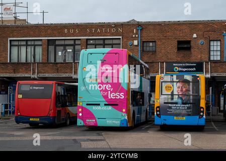 Stagecoach buses with bright livery at Chichester bus station.  December 2024. Stock Photo