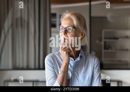 Mature woman with thoughtful expression, looks into distance Stock Photo