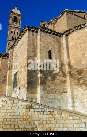 Close-up view of the Church of Saint Mary Magdalene (Iglesia de Santa María Magdalena) in Mudejar style, constructed from ashlar stone. Tarazona, Prov Stock Photo