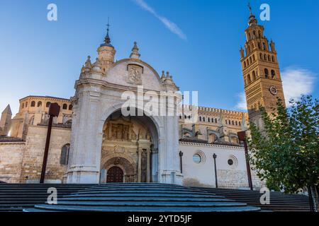 North facade of the Tarazona Cathedral (Catedral de Nuestra Señora de la Huerta de Tarazona), a Roman Catholic church in Gothic and Mudéjar style, wit Stock Photo