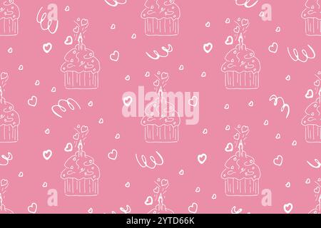 Cute seamless pattern in the form of a festive cake with candle hearts, great for Valentine's Day, Birthday, Women's Day, weddings, Mother's Day - packaging, textiles, banners, backgrounds. Stock Vector