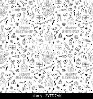 Seamless doodle-style birthday pattern. Cartoon cat, balloons, cake, inscription. Background for wrapping paper, gifts, and children's textiles. Stock Vector
