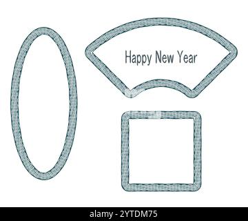 Snake Skin Frame Set, doodle hand drawn paint brush wave line border, blue grey tones colour. Square ellipse shape. Decorative graphic. Happy New Year Stock Vector