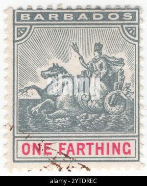 BARBADOS - 1896 May 05: 1 farthing slate and carmine postage stamp depicting Badge of Colony Barbados. The seal of the colony shows the ruler (Queen Victoria) in a seahorse drawn car. The image was that of a crowned queen with orb and trident, obviously representing Victoria during her reign. The badge remained in use until 1966, when a new flag was adopted for independence.. Barbados is an island country and microstate in the Lesser Antilles of the West Indies, the easternmost of the Caribbean islands Stock Photo