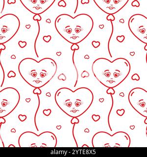 Outline heart shaped balloons with smiling face and decorative hearts Seamless pattern in minimalism. Isolated Vector illustration Wallpaper Wrapping or web promo banner, posting, blog, tag background Stock Vector