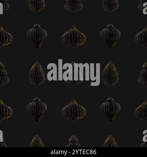 Christmas seamless pattern with black golden festive baubles on a black background. Holiday and Christmas decorations. Stock Photo