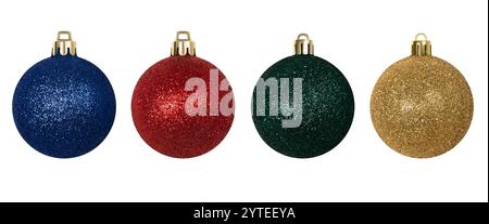 Christmas set of shiny bauble isolated on a white background. Blue, red, green and golden festive decorations. Banner. Stock Photo