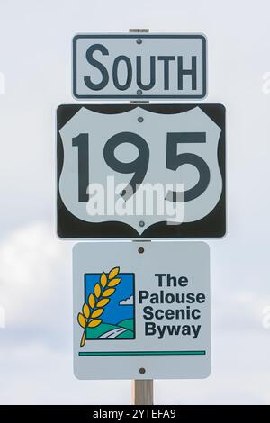 U.S. Highway 195, Palouse Scenic Byway Sign, Washington State. Stock Photo