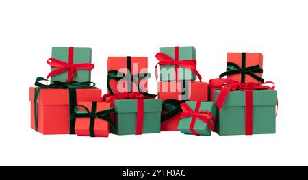 Green and red gift boxes isolated on a white background. Christmas or New Year present. Stock Photo
