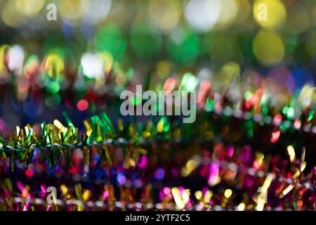 Colorful tinsel closeup background. New Year background. Christmas texture. Stock Photo