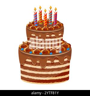 Two tier chocolate cake with dripping glaze, whipped cream decoration, blueberries, and lit striped candles. Birthday celebration and party concept. Stock Vector