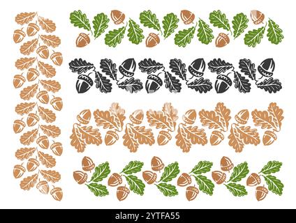 Oak leaves and acorns ornament. Floral pattern, set of decorative elements. Vector illustration Stock Vector